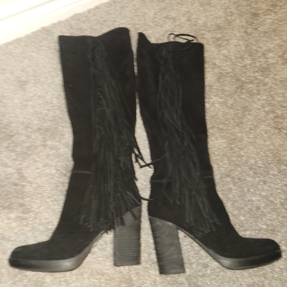 Steve Madden Fringerr Heeled Boots Size 7 B Black Suede Zipper Closure - Picture 4 of 6